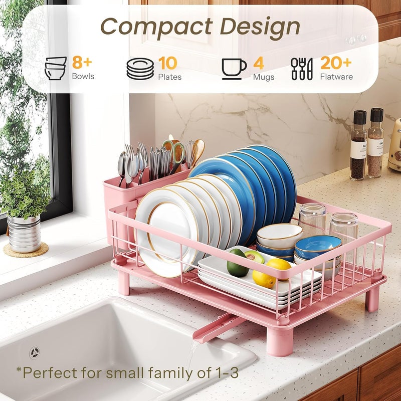 SNTD Dish Drying Rack - Small Dish Rack for Kitchen Counter, Stainless Steel Dish Drainer with Utensil Holder and Drainboard, 11" W x 15" L (Pink) - Image 3